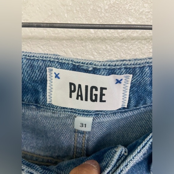 PAIGE High Rise Raw Hem Denim Shorts Medium Wash Distressed Frayed Jorts 31 - Picture 7 of 13
